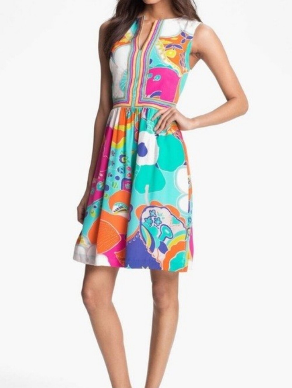 Trina Turk 100% Silk Vibrant Floral Split-Neck Mini Dress Size 6 - Picture 7 of 11